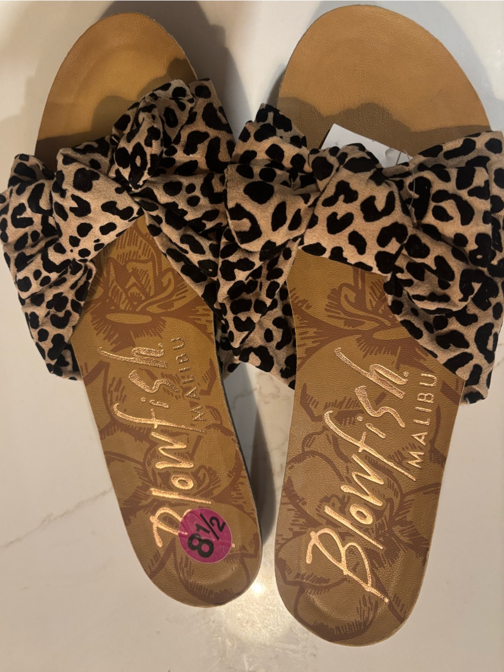 Blowfish Leopard Bow Slide Sandals - Beige & Black